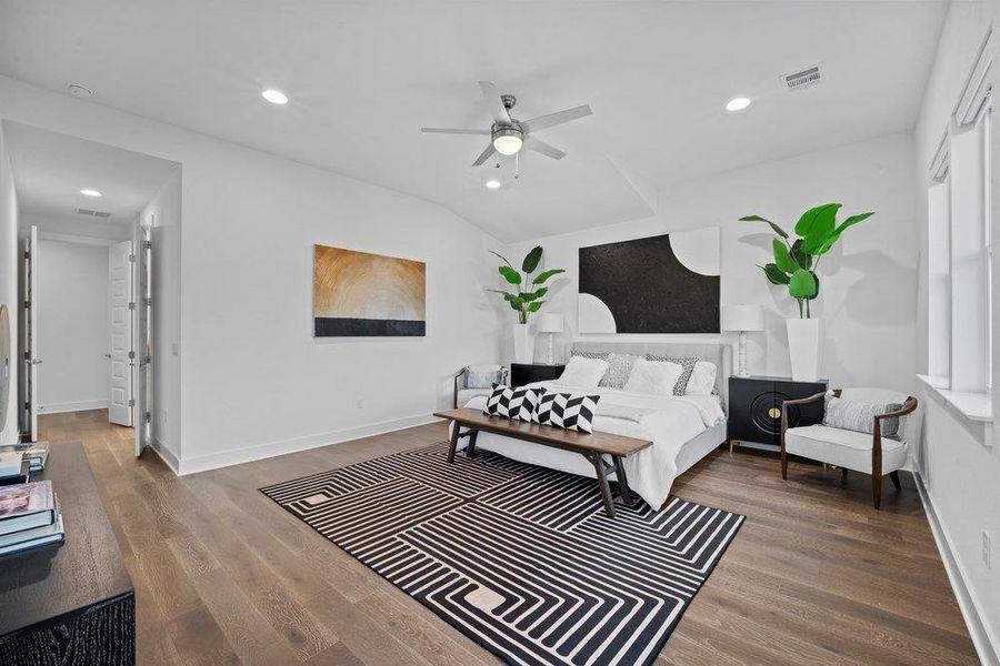 Bedroom with recessed lighting, lofted ceiling, a ceiling fan, and dark wood-style floors