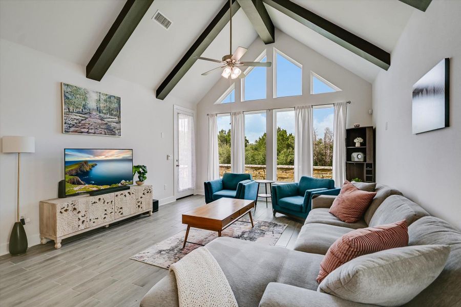 Wall of windows in living area