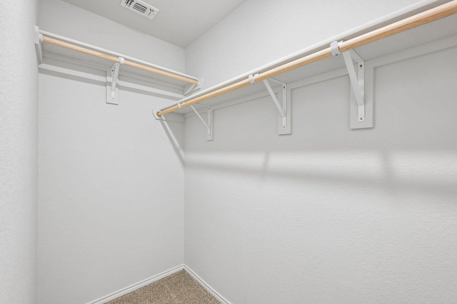 Walk-in closet with carpet flooring, light gray wall paint, and integrated wooden hanging rods with shelving