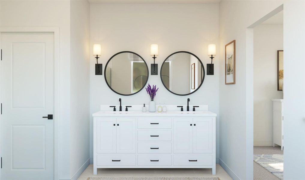 Relaxing primary suite with freestanding vanity (*Artist rendering used for illustration purposes only.)