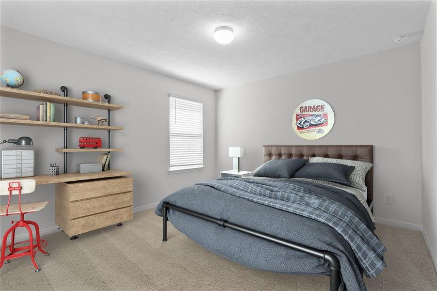 This secondary bedroom features high ceilings, custom paint, plush carpet, and a large window with privacy blinds!