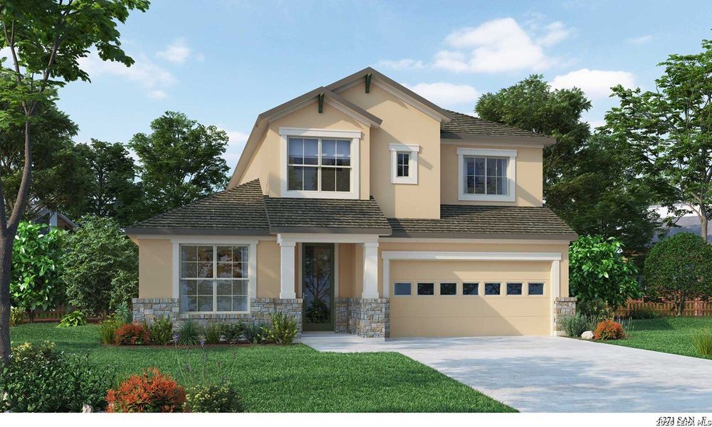 Front exterior of a new home in Davis Ranch 50', San Antonio, TX, highlighting curb appeal (Image 1). Front exterior of a new home in Davis Ranch 50', San Antonio, TX, highlighting curb appeal (Image 1).
