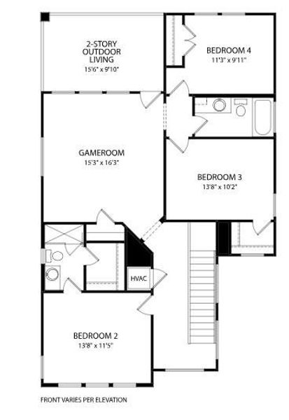 A clear floor plan illustrates multiple bedrooms, a gameroom, and a two-story outdoor living space. A clear floor plan illustrates multiple bedrooms, a gameroom, and a two-story outdoor living space.