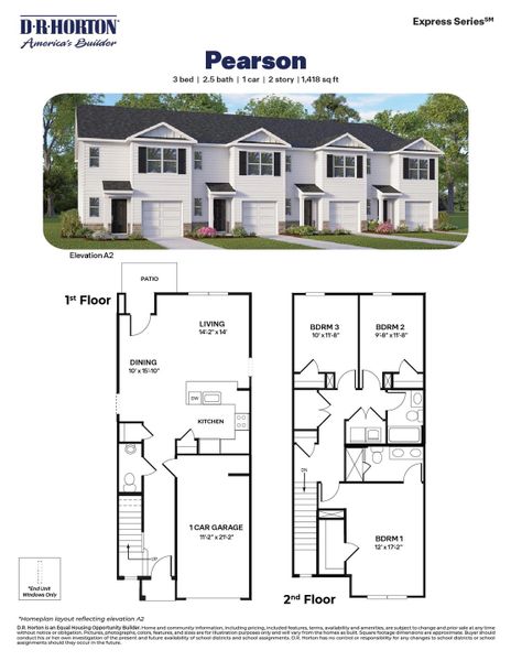 2D floor plan layout for the Pearson by D.R. Horton in The Townes at Matthews Landing, Fuquay Varina, NC (Image 3).