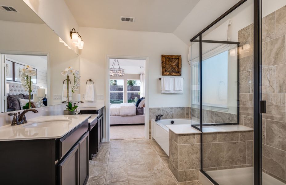 Owner's bath with separate shower, soaking tub, du