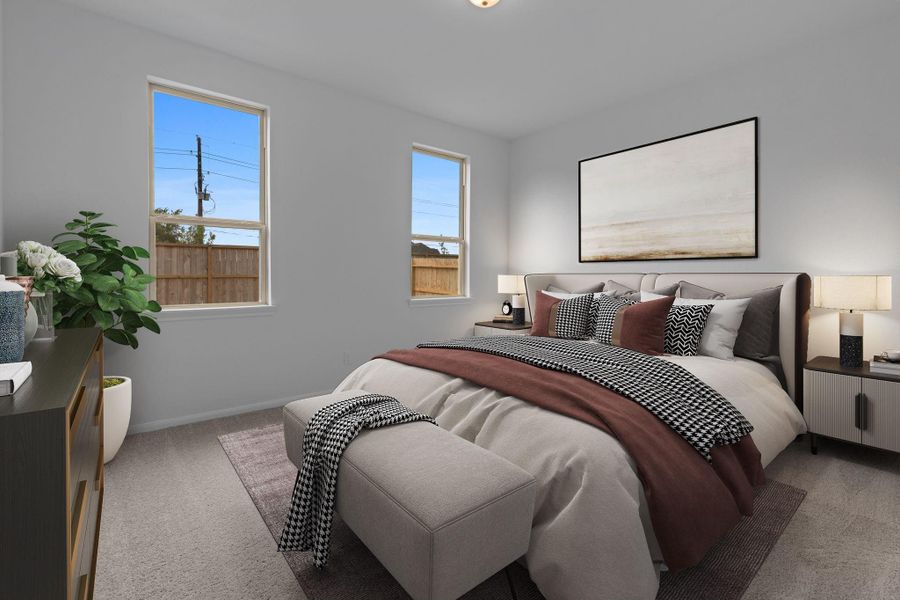 The primary bedroom is generously sized, creating a tranquil and spacious retreat that offers ample room for relaxation. Featuring plush carpet, high ceilings, fresh paint, and large windows that lets in natural lighting throughout the day. The primary bedroom is generously sized, creating a tranquil and spacious retreat that offers ample room for relaxation. Featuring plush carpet, high ceilings, fresh paint, and large windows that lets in natural lighting throughout the day.