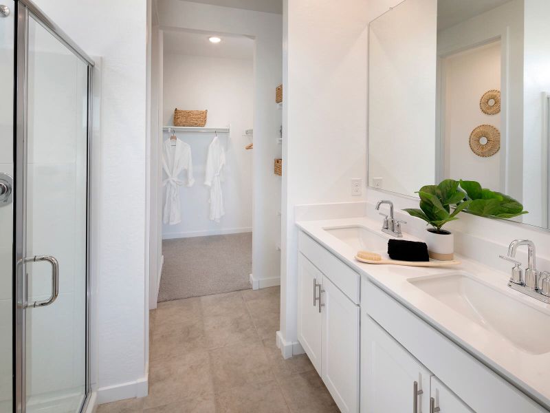 Dual vanities and a large walk-in closet outfit the luxurious primary bath.