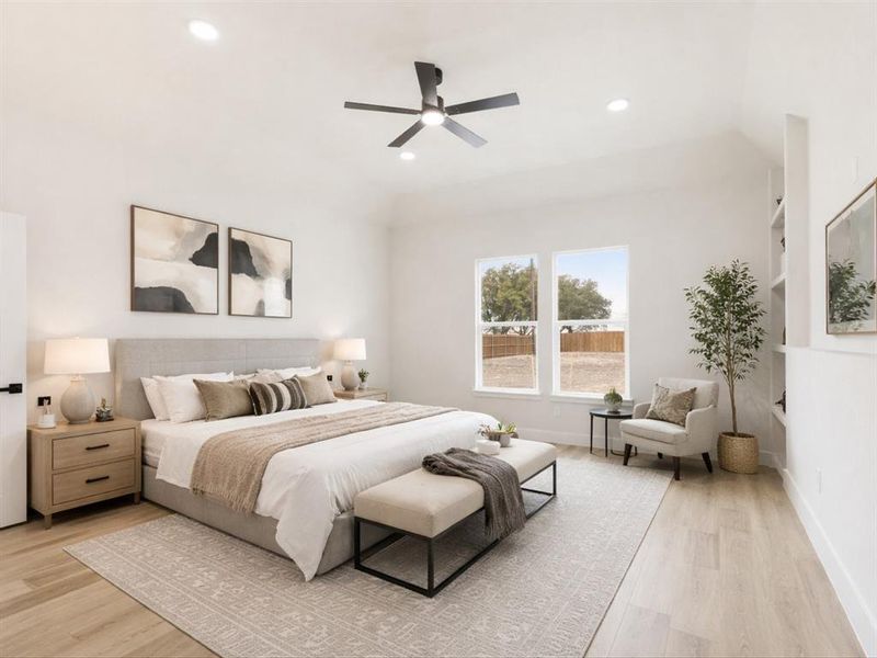 Bedroom with a ceiling fan, light wood-style floors, and recessed lighting
