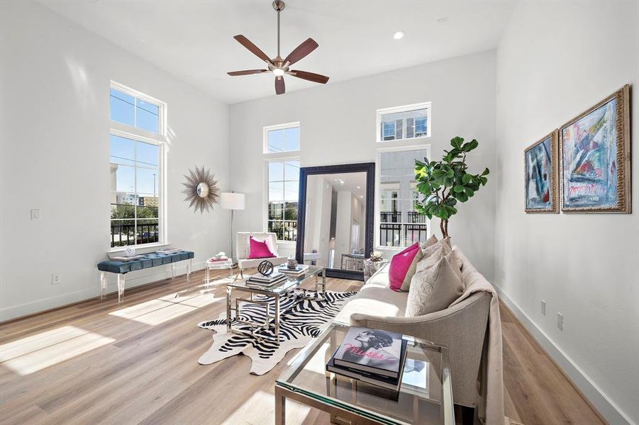 Tall ceilings and tall windows make for very bright loft feel.