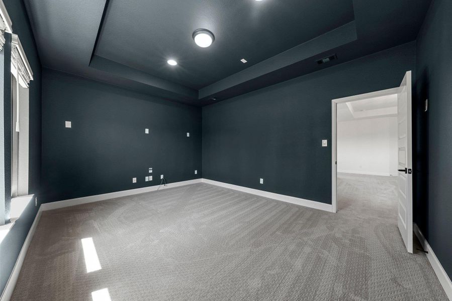 Carpeted spare room featuring a tray ceiling, visible vents, and baseboards