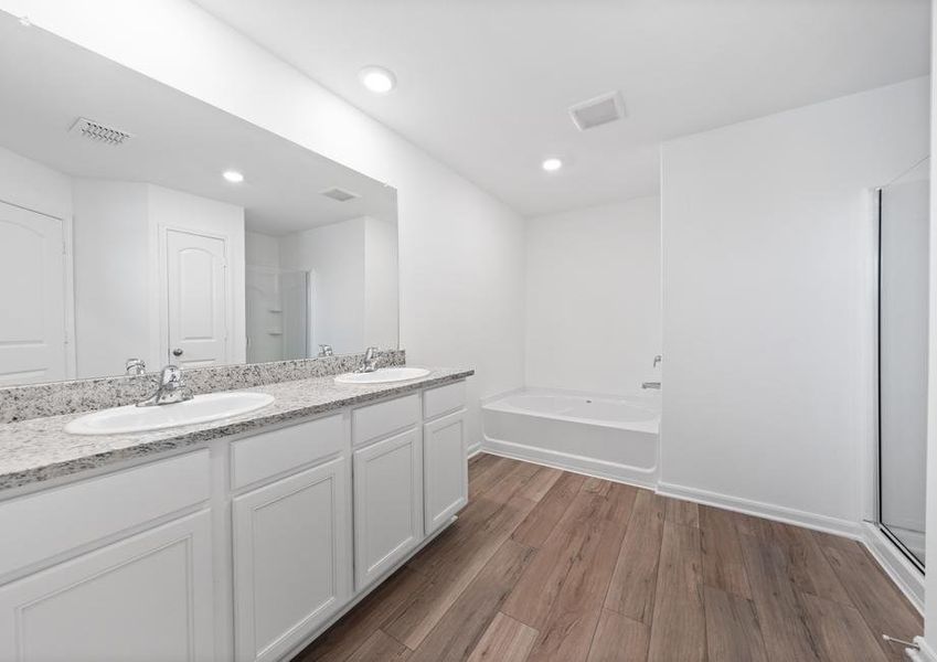 Master bathroom with a soaking tub and walk-in shower.