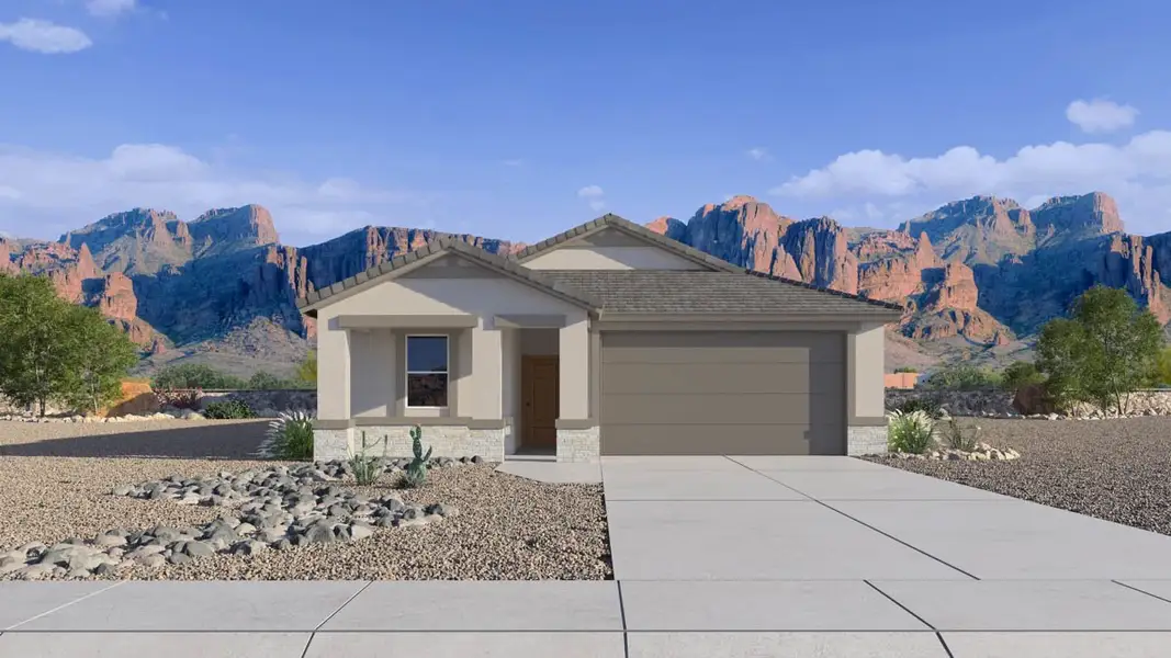 Front exterior of a new home in Moonlight, Maricopa, AZ, highlighting curb appeal (Image 1). Front exterior of a new home in Moonlight, Maricopa, AZ, highlighting curb appeal (Image 1).