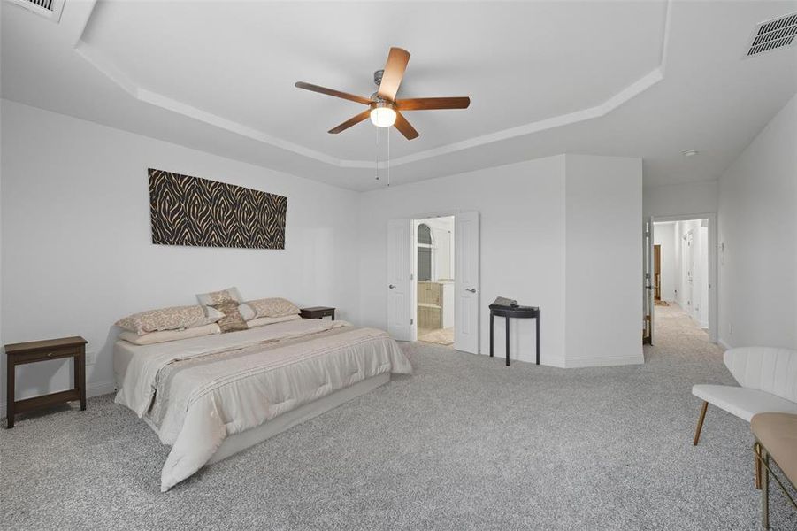 Bedroom with a tray ceiling, carpet floors, and a ceiling fan Bedroom with a tray ceiling, carpet floors, and a ceiling fan