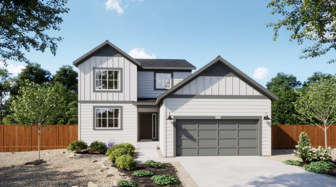 Representative exterior photo of a completed home built from the 4007 by Risewell Homes in Mead Crossing, Mead, CO (Image 1). Representative exterior photo of a completed home built from the 4007 by Risewell Homes in Mead Crossing, Mead, CO (Image 1).