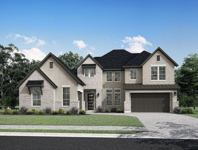 Front exterior of a new home in Harvest Green 75′, Richmond, TX, highlighting curb appeal (Image 27).