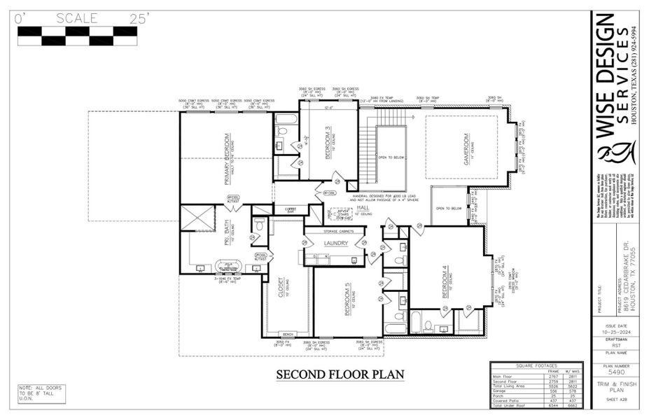 Second Level Floor plan. 2nd floor will feature the primary suite, 3 en-suite sizable guest bedrooms, a game room, utility room and a powder room. 10 foot high ceilings in the guest bedrooms.