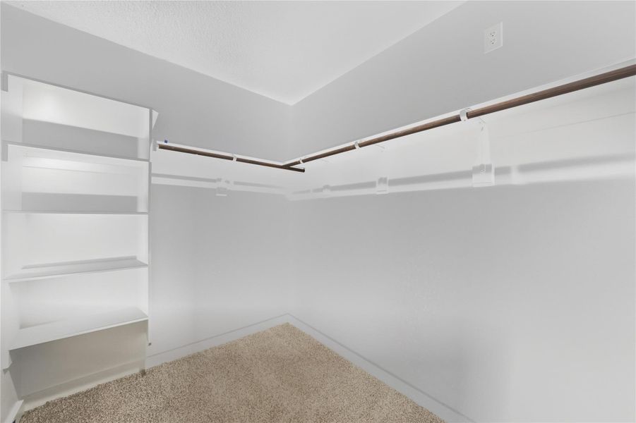 Walk in closet with carpet flooring Walk in closet with carpet flooring