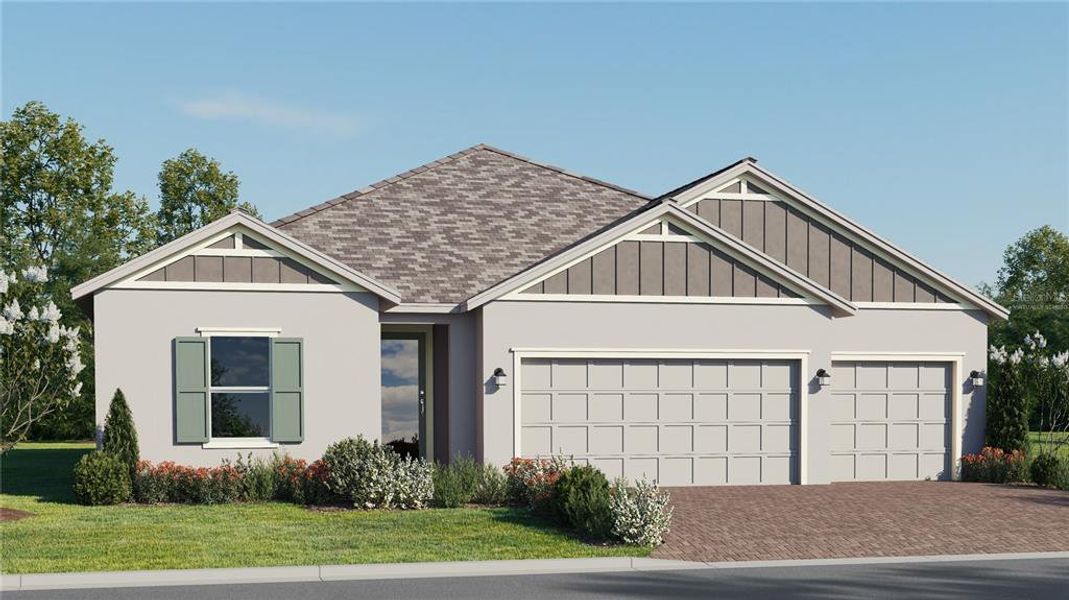 Front exterior of a new home in Bridgewalk: Executive Collection, St. Cloud, FL, highlighting curb appeal (Image 1).