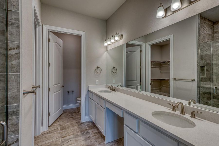 Full bathroom featuring double vanity, a walk in closet, and a stall shower
