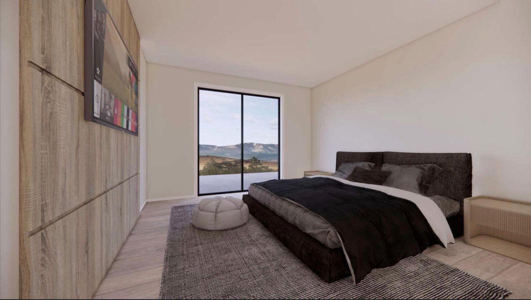 RENDERING - Bedroom with a mountain view and light wood finished floors