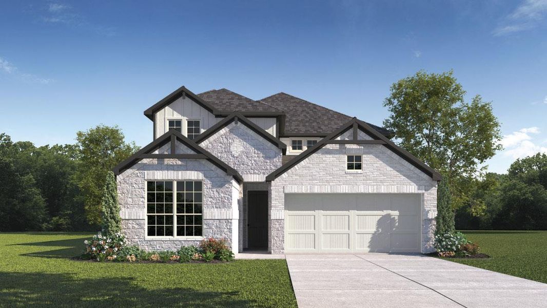 Front exterior of a new home in Rosenbusch Ranch, Leander, TX, highlighting curb appeal (Image 1).