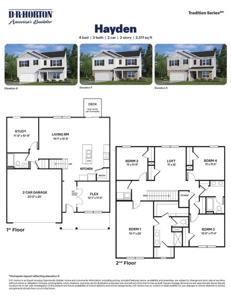 2D floor plan layout for the HAYDEN by D.R. Horton in Mason Ridge, Spring Lake, NC (Image 3).