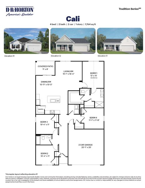 2D floor plan layout for the cali by D.R. Horton in Bexford, Willow Spring, NC (Image 4).