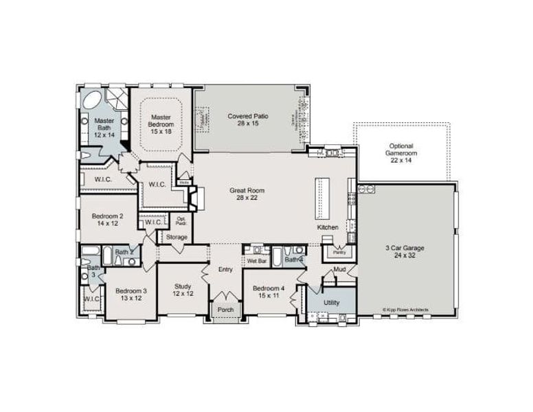 2D floor plan layout for the Wimberly by Sitterle Homes in Enchanted Bluff, Garden Ridge, TX (Image 3).