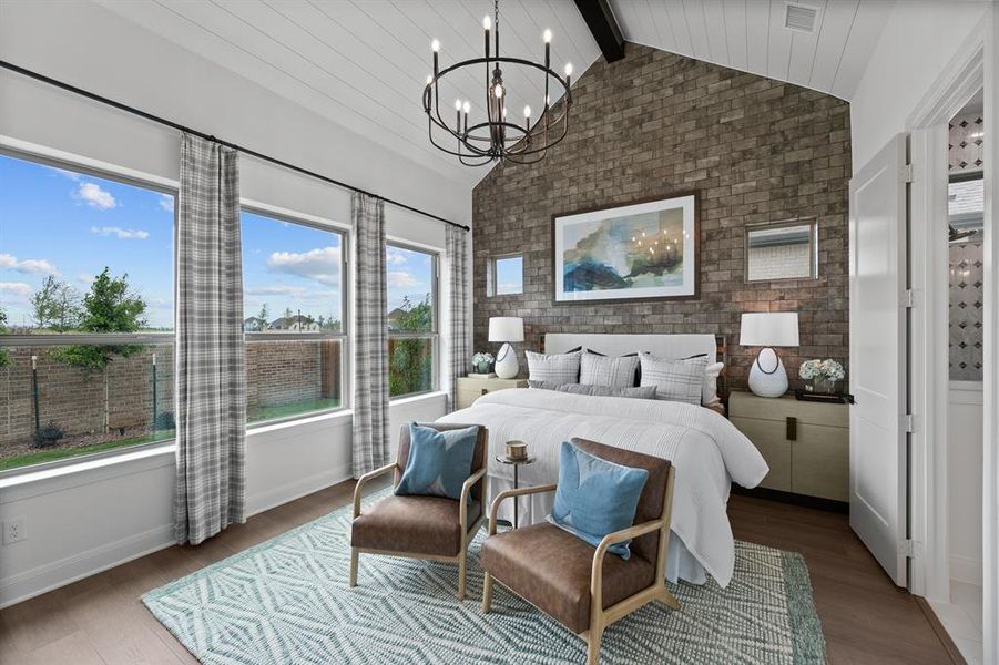 Bedroom with brick wall, light wood-style flooring, hanging lights, and a wood ceiling with exposed beams Bedroom with brick wall, light wood-style flooring, hanging lights, and a wood ceiling with exposed beams