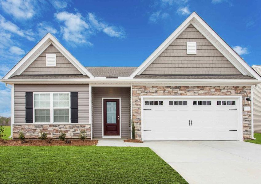 Allatoona exterior elevation front with rock façade, green grass, and carriage-style garage