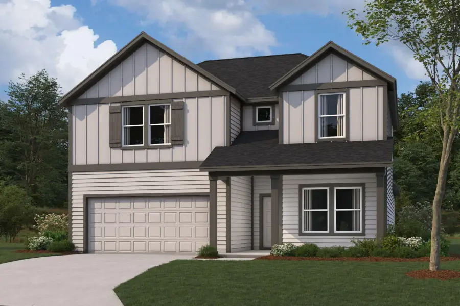 Front exterior of a new home in Cascades at Onion Creek, Austin, TX, highlighting curb appeal (Image 1). Front exterior of a new home in Cascades at Onion Creek, Austin, TX, highlighting curb appeal (Image 1).