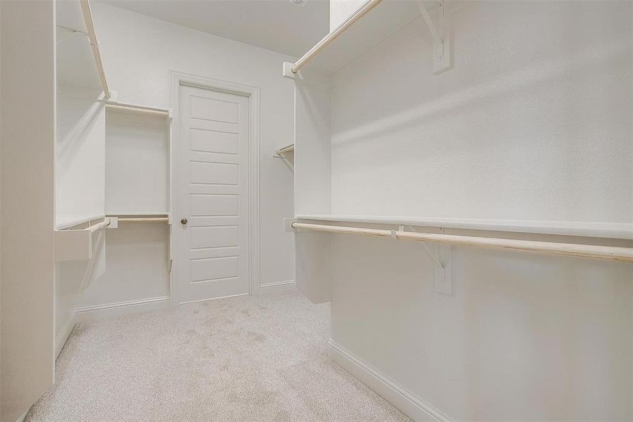 Walk in closet featuring light carpet