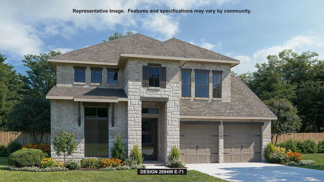French country inspired facade featuring driveway, stone siding, and brick siding French country inspired facade featuring driveway, stone siding, and brick siding