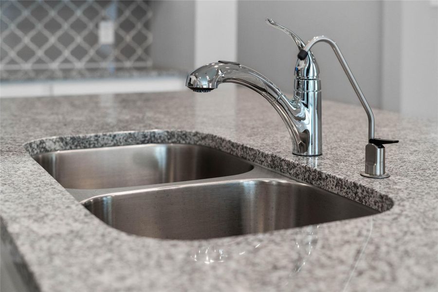 The kitchen features a stainless steel 5/50 undermount kitchen sink, the Moen Integra kitchen faucet, and DuPure water filtration system. The kitchen features a stainless steel 5/50 undermount kitchen sink, the Moen Integra kitchen faucet, and DuPure water filtration system.