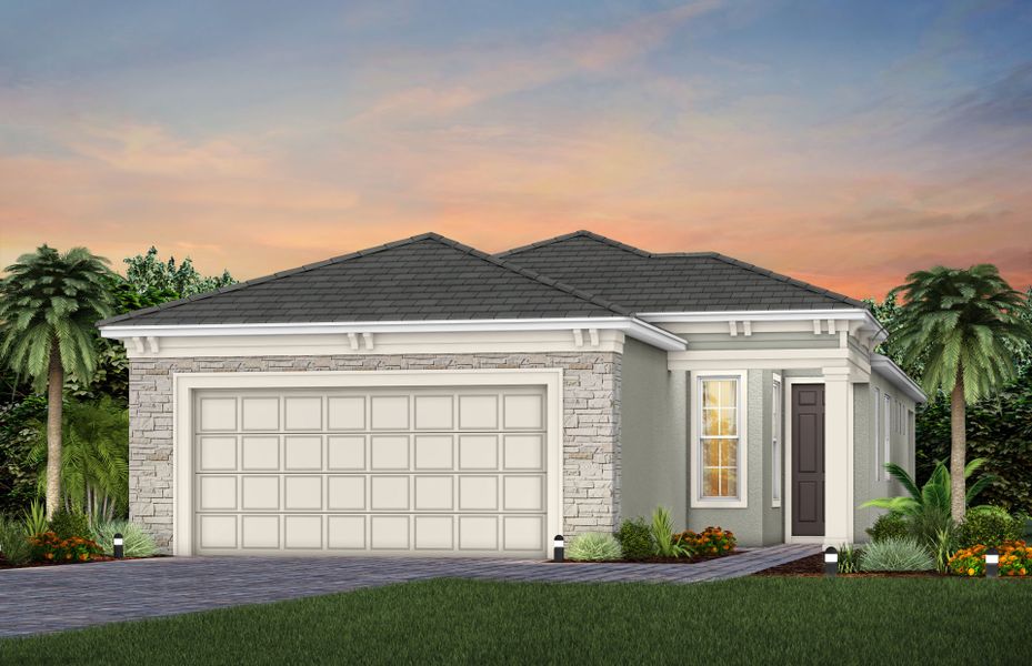 Representative exterior photo of a completed home built from the Flagstone by Del Webb in Del Webb Oak Creek, North Fort Myers, FL (Image 15). Representative exterior photo of a completed home built from the Flagstone by Del Webb in Del Webb Oak Creek, North Fort Myers, FL (Image 15).