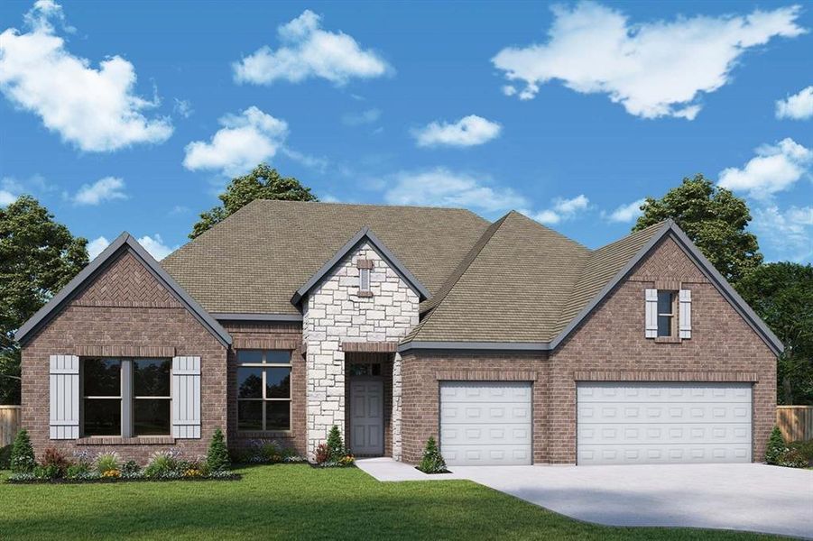 View of front facade with a front yard, brick siding, driveway, a shingled roof, and stone siding View of front facade with a front yard, brick siding, driveway, a shingled roof, and stone siding