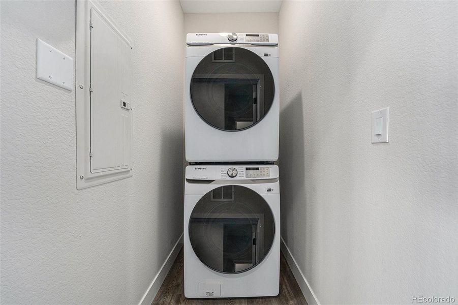 All homes have stackable Samsung Washer and Dryer