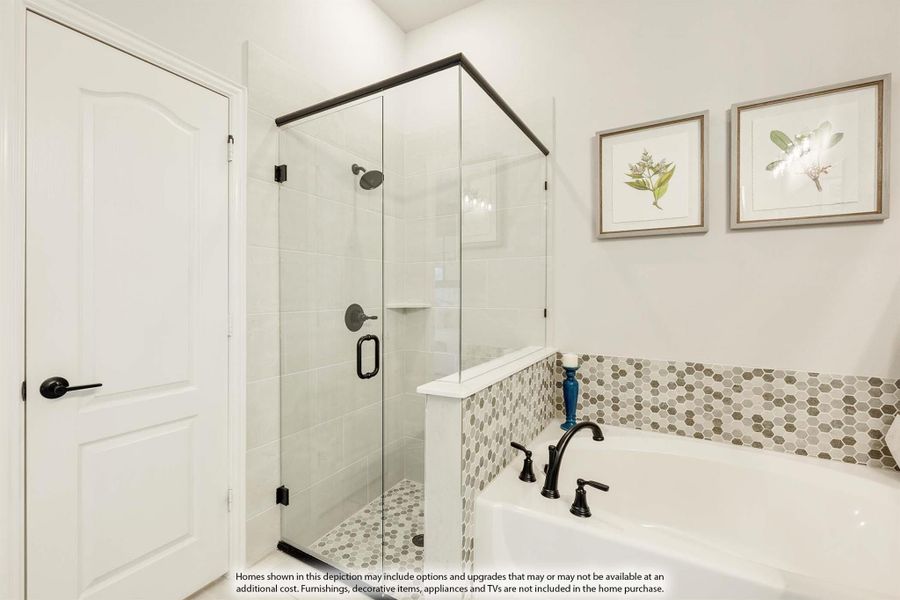 Bathroom with glass-enclosed walk-in shower, soaking tub with mosaic tile surround, and white walls Bathroom with glass-enclosed walk-in shower, soaking tub with mosaic tile surround, and white walls