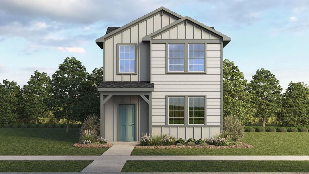 Front exterior of a new home in Valverde, Bastrop, TX, highlighting curb appeal (Image 1).