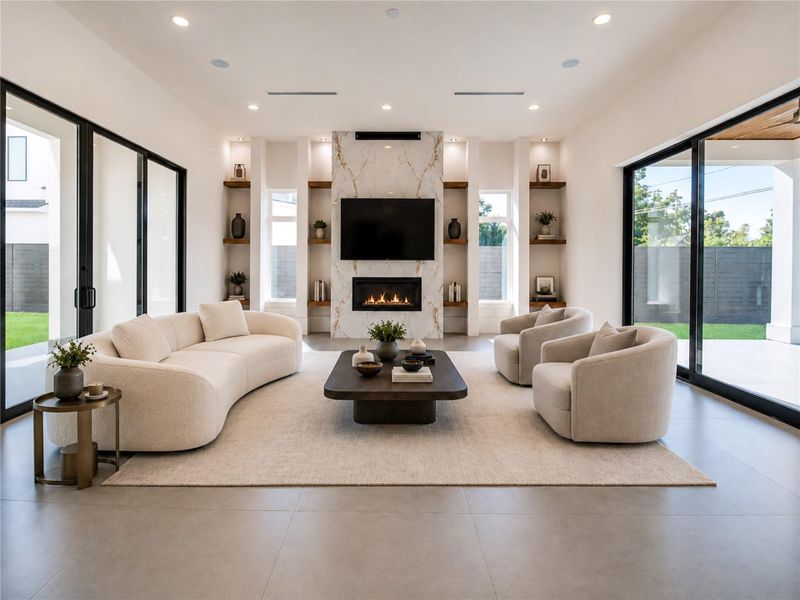 VIRTUALLY STAGED living room with sliding glass doors on both sides and covered patios. VIRTUALLY STAGED living room with sliding glass doors on both sides and covered patios.