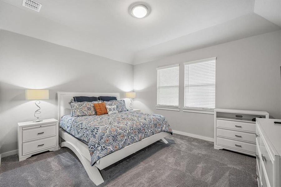 Bedroom featuring dark colored carpet