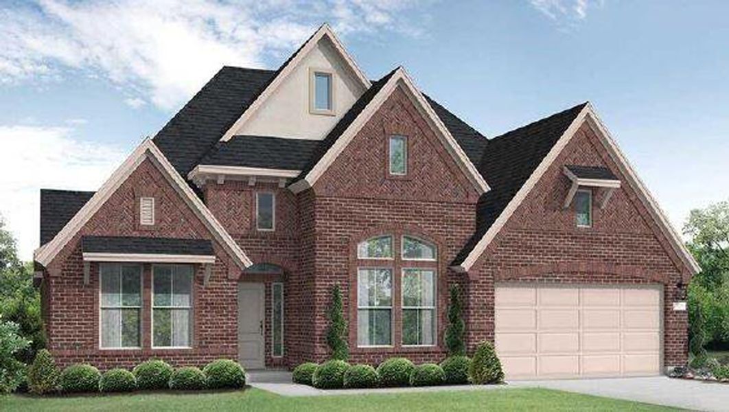 Front exterior of a new home in Valencia, Manvel, TX, highlighting curb appeal (Image 1). Front exterior of a new home in Valencia, Manvel, TX, highlighting curb appeal (Image 1).