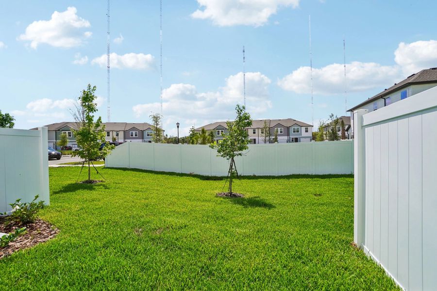 Backyard view features a privacy fence
