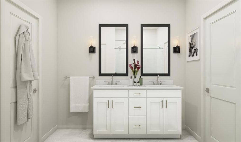 Primary bath with white vanity and dual sinks (*Photo not of actual home and used for illustration purposes only.)