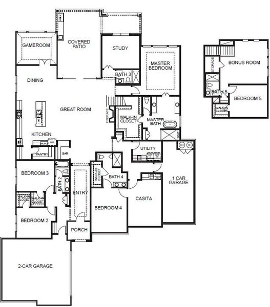 2D floor plan layout of this home in ClearWater Ranch, Liberty Hill, TX (Image 1). 2D floor plan layout of this home in ClearWater Ranch, Liberty Hill, TX (Image 1).