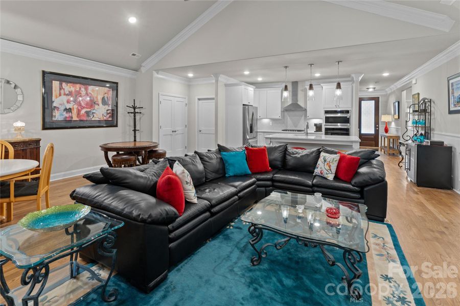 Living room accommodates large pieces of furniture.