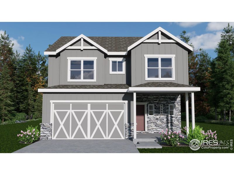 Front exterior of a new home in Wilson Commons, Loveland, CO, highlighting curb appeal (Image 1).