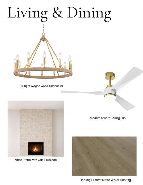 Planned living and dining finishes featuring a stone gas fireplace, wagon wheel chandelier, modern smart ceiling fan, and coordinated flooring.