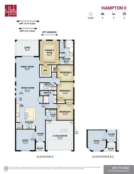 2D floor plan layout for the Hampton II by Park Square Residential in Leela Reserve, Tavares, FL (Image 4).