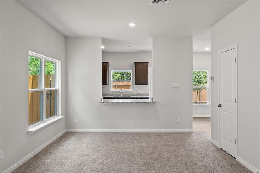 Spare room featuring carpet floors, plenty of natural light, recessed lighting, baseboards, and a sink